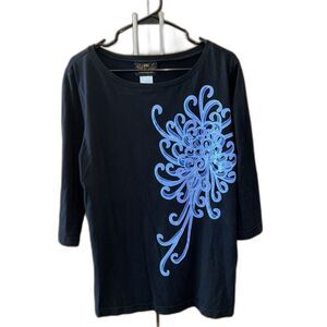 Bob Mackie Wearable Art L Women T Shirt Top Black Floral Graphic Knit Slits